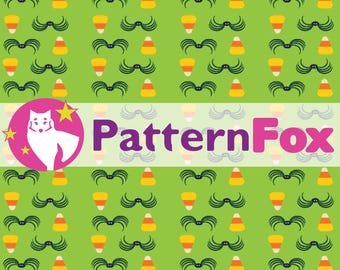 Sweet Spoods- Halloween seamless pattern file featuring spiders and candy against a slime green background