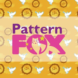 May include: A digital pattern design featuring the text "Pattern FOX" in purple and pink, with a fox illustration. The background includes white doves, thorny crowns, and a yellow and orange color scheme.