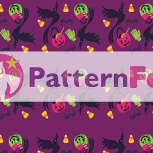 May include: A repeating pattern on a purple background features Halloween-themed illustrations. Black crows, green gloves, and pink jack-o'-lanterns are interspersed with candy corn and bats. The text "PatternFox" is displayed.