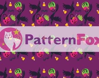 Halloween Seamless Pattern: Crows, Spiders, Candy Buckets (PNG File)