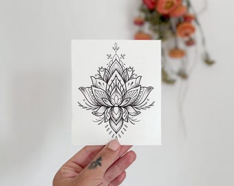 Lotus Temporary Tattoo: Mehndi Henna Style Fineline Mandala Art