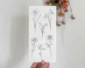 Birth Flowers (Jan-June) Temporary Tattoos Sheet of Small Tattoo Designs Botanical Illustration Floral Body Art Fake Tattoos by Matilda Rose