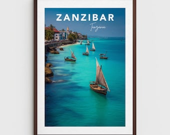Zanzibar Travel Poster: Retro Tanzania Print, Stone Town Coastline