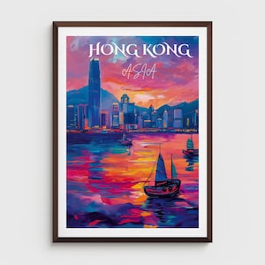 Poster di viaggio di Hong Kong: stampa artistica vintage dell&#39;Asia, skyline del porto di Victoria