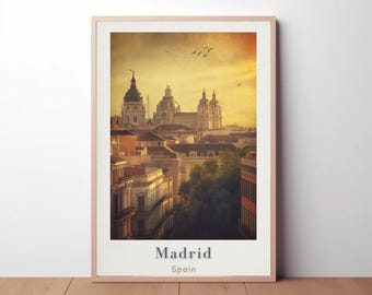 Pôster de viagem de Madrid: Impressão artística da Catedral de Almudena e do Palácio Real