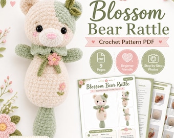 Patrón de ganchillo en PDF para sonajero de oso, juguete sonajero amigurumi para bebé, patrón de ganchillo para principiantes, tutorial para peluche de osito adorable.
