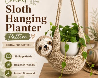 Crochet Sloth Hanging Planter PDF Pattern, Digital Amigurumi Plant Holder Tutorial, Beginner Houseplant Decor Gift Guide