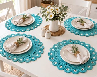 Teal Blossom Oval Placemat Crochet Pattern PDF, Daisy Table Mat, Floral Doily, Farmhouse Dining Decor, Scalloped Home Accent