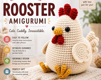 Patrón de gallo a crochet en PDF, tutorial de gallo amigurumi, patrón de pollo a crochet para principiantes, peluche de animal de granja adorable, descarga instantánea.