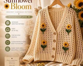 Patrón de cárdigan de ganchillo con diseño de girasoles – Patrón de ganchillo boho de nivel intermedio en PDF (Tallas para mujer: XS–5XL, descarga instantánea)