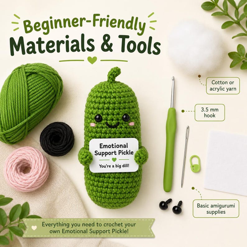 May include: A crochet kit with green yarn, black and pink thread, a crochet hook, and amigurumi supplies. The kit includes a crocheted pickle holding a sign that says "Emotional Support Pickle". The text "Beginner-Friendly Materials & Tools" is at the top.