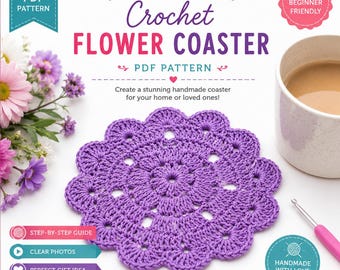 Patrón de posavasos de ganchillo con flores en PDF, tutorial de posavasos de ganchillo, patrón de posavasos florales, posavasos de ganchillo fácil, decoración floral DIY, descarga instantánea