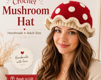 Patrón PDF para gorro de seta a crochet, tutorial para gorro Amanita para adulto, accesorio de disfraz original, archivo digital DIY de nivel intermedio