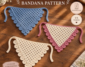 Crochet Bandana Pattern, Floral Kerchief PDF, Boho Hair Scarf, Triangle Headscarf