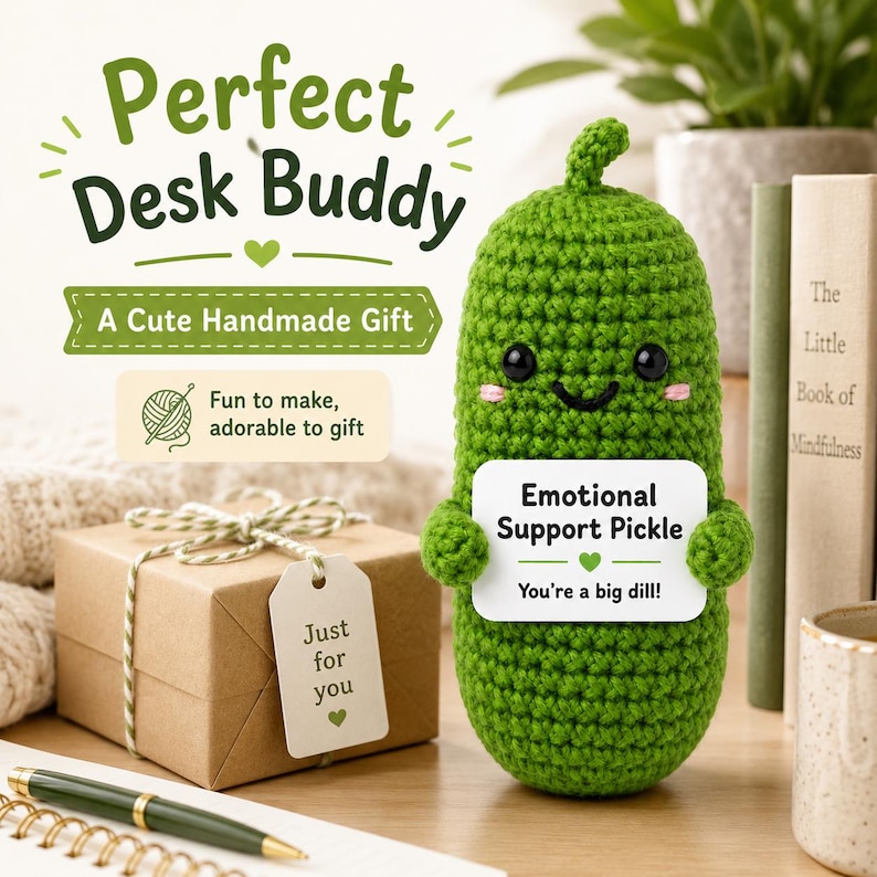 May include: A handmade green crochet pickle with a smiling face and a sign that reads "Emotional Support Pickle." The image also includes a gift box with a tag that says "Just for you."