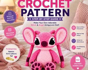 Patrón de ganchillo Stitch & Angel en PDF / Tutorial de peluche amigurumi / Patrón de muñeca de ganchillo adorable / Descarga instantánea