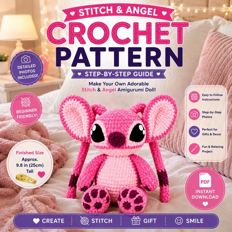Virkmönster för stygn och änglar i PDF-format | Handledning för amigurumi-plyschleksaker | Mönster för söta virkdockor | Nedladdning direkt bild 1