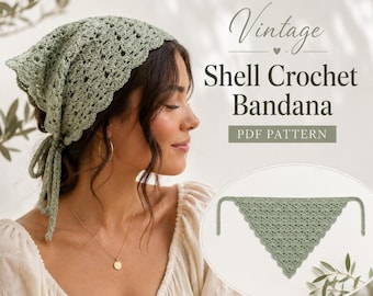Crochet Bandana Pattern PDF, Vintage Shell Hair Kerchief, Boho Headscarf, Scalloped Triangle Scarf, Digital Download