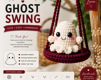Patrón de ganchillo PDF para columpio fantasma, tutorial de amigurumi para columpio fantasma, decoración colgante de fantasma adorable, patrón de ganchillo para principiantes, regalo de ganchillo para Halloween