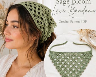 Crochet Bandana Pattern PDF, Sage Lace Hair Scarf, Boho Headscarf Kerchief, Beginner Women Summer Accessory, Instant Download