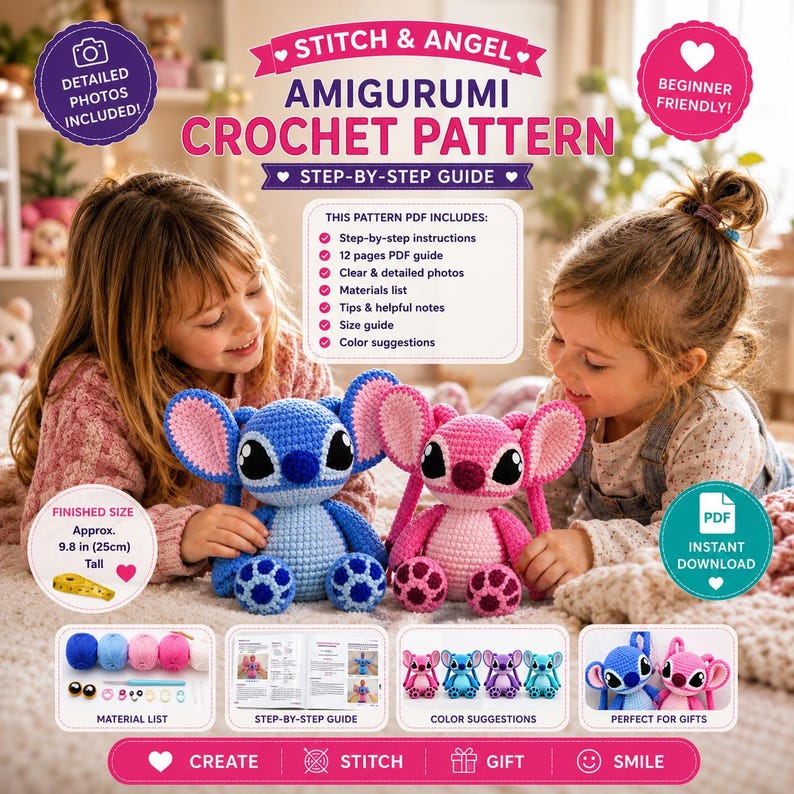 Virkmönster för stygn och änglar i PDF-format | Handledning för amigurumi-plyschleksaker | Mönster för söta virkdockor | Nedladdning direkt bild 3