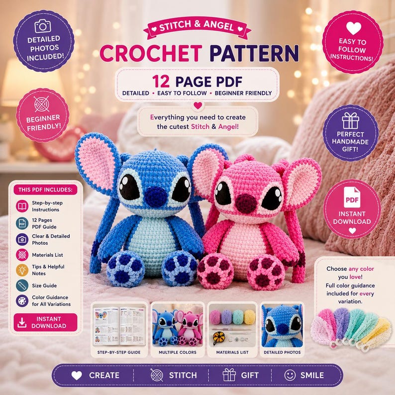 Virkmönster för stygn och änglar i PDF-format | Handledning för amigurumi-plyschleksaker | Mönster för söta virkdockor | Nedladdning direkt bild 2
