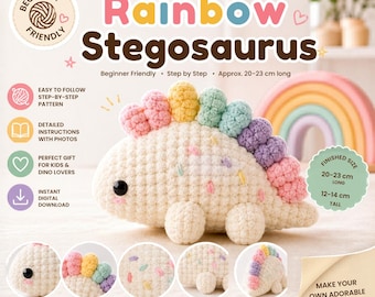 Patrón de crochet de estegosaurio arcoíris en PDF, tutorial de peluche de dinosaurio amigurumi, juguete DIY ideal para principiantes, descarga instantánea.