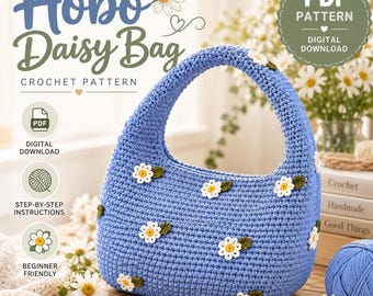 Crochet Daisy Bag Pattern PDF, Flower Hobo Purse, Shoulder Handbag Tutorial, Cotton Tote, Digital Download