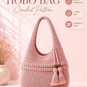 Hobo Bag Crochet Guide PDF Pattern, Intermediate Crochet Bag Pattern, Blush Crochet Shoulder Bag Tutorial, Crochet Hobo Bag