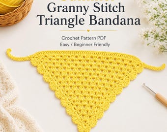 Crochet Bandana Pattern PDF, Lemon Yellow Granny Stitch Triangle Kerchief, Boho Summer Hair Scarf, Easy Beginner Digital Download