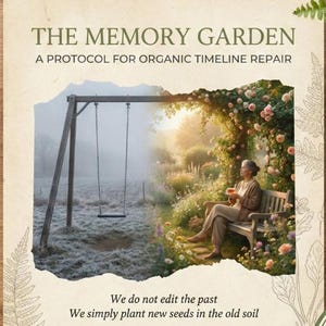 May include: A digital download titled "The Memory Garden: A Somatic Timeline Repair Protocol." The design features a split image: a swing set in a misty field and a person sitting in a rose garden. Includes text: "Instant Download."