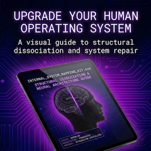 May include: A digital tablet displays the text "UPGRADE YOUR HUMAN OPERATING SYSTEM" and "A visual guide to structural dissociation and system repair." The screen shows a brain graphic and the text "INTERNAL_SYSTEM_MAPPING_KIT.exe". The background is a dark purple with circuit board lines.