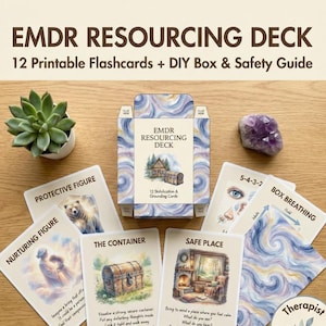 May include: EMDR Resourcing Deck with 12 printable flashcards, a DIY box, and a safety guide. The cards feature illustrations and text for grounding techniques. A succulent, amethyst, and a box of cards are also visible.