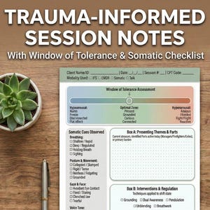 May include: A therapy session notes template with the title "TRAUMA-INFORMED SESSION NOTES" and a "Window of Tolerance" assessment. Includes sections for client information, somatic cues, presenting themes, and interventions.