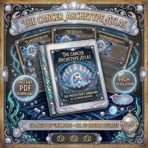 May include: An illustrated digital download titled "The Cancer Archetype Atlas." The cover art features a person inside a seashell. Additional cards and text include "Planetary Rulers," "The Decans," and "Workbook Prompts." The image is framed with pearls and aquatic elements.