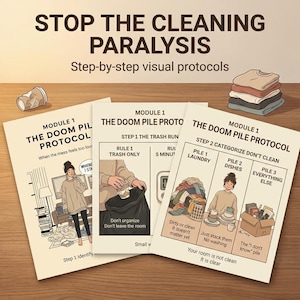 Puede incluir: Tres tarjetas ilustradas con el texto "STOP THE CLEANING PARALYSIS" y "Step-by-step visual protocols." Las tarjetas detallan un "Doom Pile Protocol" con pasos para basura, lavander&iacute;a, platos y otros art&iacute;culos. Una taza de papel arrugada est&aacute; en la parte superior izquierda.