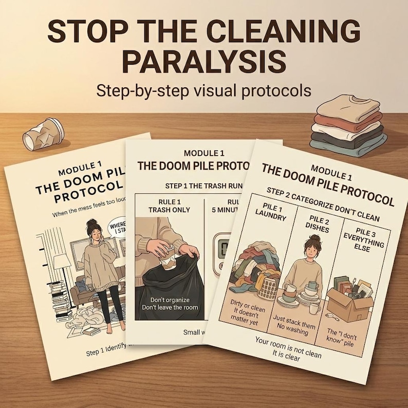 Puede incluir: Tres tarjetas ilustradas con el texto "STOP THE CLEANING PARALYSIS" y "Step-by-step visual protocols." Las tarjetas detallan un "Doom Pile Protocol" con pasos para basura, lavander&iacute;a, platos y otros art&iacute;culos. Una taza de papel arrugada est&aacute; en la parte superior izquierda.