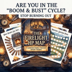 May include: The Firelight HP Map, a gamified energy tracker, is displayed with the text "Are you in the Boom & Bust cycle? Stop burning out." The image includes a daily log, a monthly path, candles, compasses, and mugs on a wooden surface.
