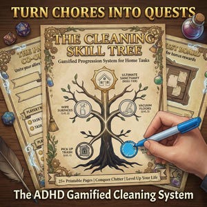 Könnte beinhalten: Eine detaillierte Illustration eines Reinigungs-Fähigkeitsbaums, der als spielerisches System für Hausarbeiten konzipiert wurde. Das Bild zeigt ein zentrales Baumdiagramm mit Reinigungsaufgaben, Würfeln und dem Text "Turn Chores Into Quests". Das ADHD Gamified Cleaning System.