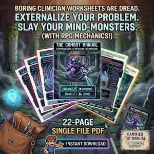 Puede incluir: Un anuncio de un manual de TCC gamificado. La imagen presenta una pila de tarjetas ilustradas con mecánicas de juego de rol, un dado y una bolsa de cuero con útiles de arte. El texto incluye "The Combat Manual" y "PDF de 22 páginas".
