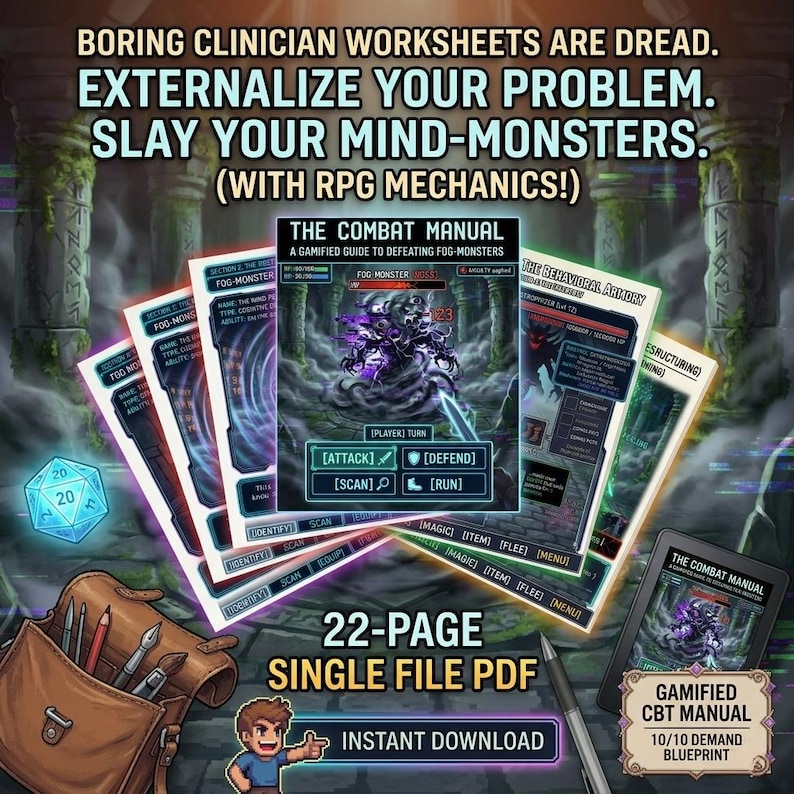 Pode incluir: Um an&uacute;ncio de um manual de TCC gamificado. A imagem apresenta uma pilha de cart&otilde;es ilustrados com mec&acirc;nicas de RPG, um dado e uma bolsa de couro com materiais de arte. O texto inclui "The Combat Manual" e "PDF de 22 p&aacute;ginas".