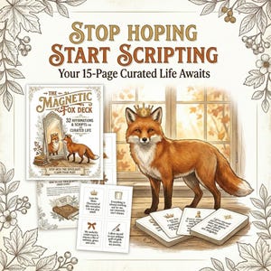 Puede incluir: Una baraja de cartas ilustrada titulada "The Magnetic Fox Deck" con un zorro con una corona. La baraja incluye afirmaciones y guiones para una vida curada. La imagen también presenta el texto "Stop Hoping Start Scripting".