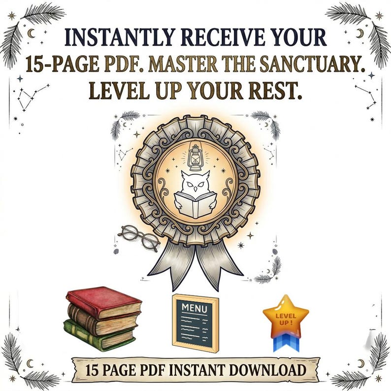May include: An illustrated graphic with the text "INSTANTLY RECEIVE YOUR 15-PAGE PDF. MASTER THE SANCTUARY. LEVEL UP YOUR REST." The image features a badge with an owl reading a book, a stack of books, a menu, and a star with "LEVEL UP!" text.
