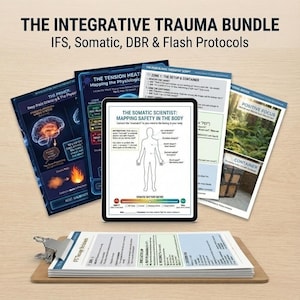 May include: A collection of educational resources, including a tablet showing a body diagram and a Somatic Battery Meter, and several printed sheets. The tablet displays the text "THE SOMATIC SCIENTIST: MAPPING SAFETY IN THE BODY". A clipboard with papers is in the foreground.
