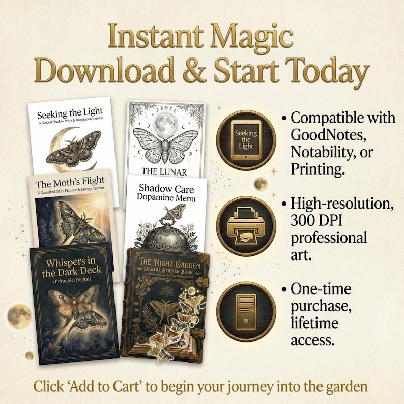 Ultimat skuggarbetespaket | Dark Academia Digital Journal Oracle Deck | Guidad helande arbetsbok, gamifierad vanespårare och månlig humörkarta bild 6