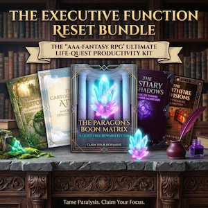 May include: The Executive Function Reset Bundle, a productivity kit, features several books with titles like "The Paragon's Boon Matrix" and "The Bestiary of Shadows." The image includes a quill, inkwell, and a crystal, all set against a library backdrop.