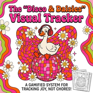 May include: A retro-style illustration features a white duck wearing headphones, perched on a pink disco ball. The background has orange and pink wavy lines and smiling daisies. Text reads "The 'Disco & Daisies' Visual Tracker".