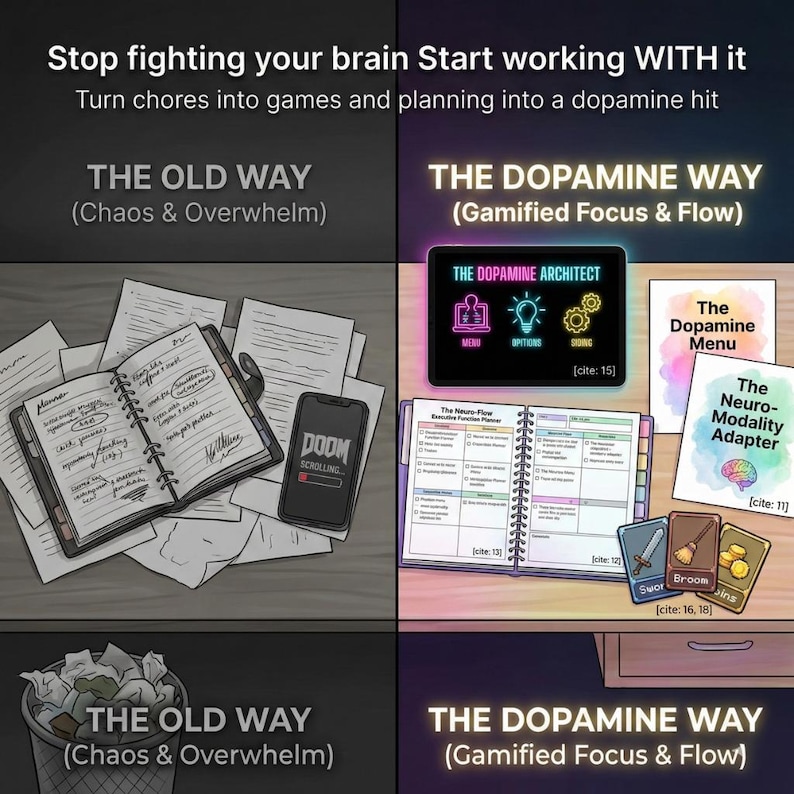 May include: An illustrated comparison of task management methods. The left side depicts a cluttered desk with a notebook, papers, and a phone. The right side shows a tablet, a planner, and cards, all labelled with "The Dopamine Way" theme.