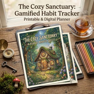 Peut inclure: Sur une table en bois, un planificateur intitulé "The Cozy Sanctuary: Gamified Habit Tracker" est présenté. Le planificateur présente une illustration fantaisiste d'un cottage. Une boussole, une clé et des crayons sont également sur la table. Une tasse de thé et un petit champignon sont également visibles.
