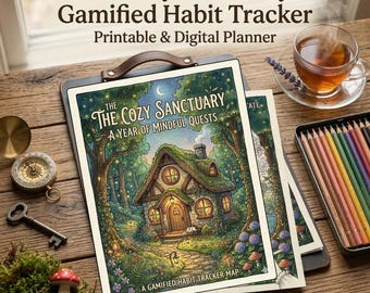 Gamified Habit Tracker & volwassen kleurboek, gezellige Cottagecore afdrukbare planner, ADHD Routine Tracker, Mindfulness Journal digitale download